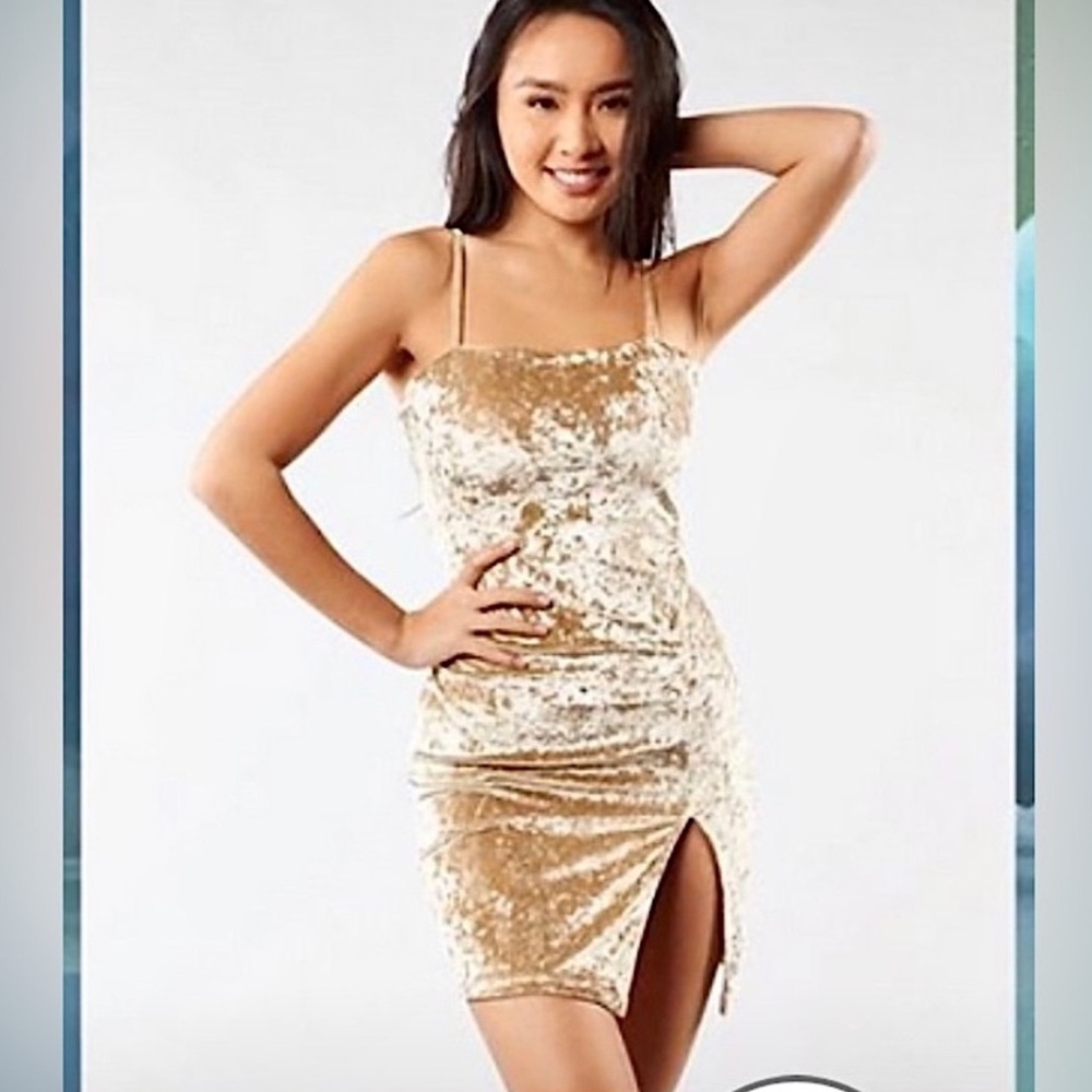 Buffbunny Collection LimitedEdition Frozen Crushed Velvet Dress,Gold Rush S NWOT